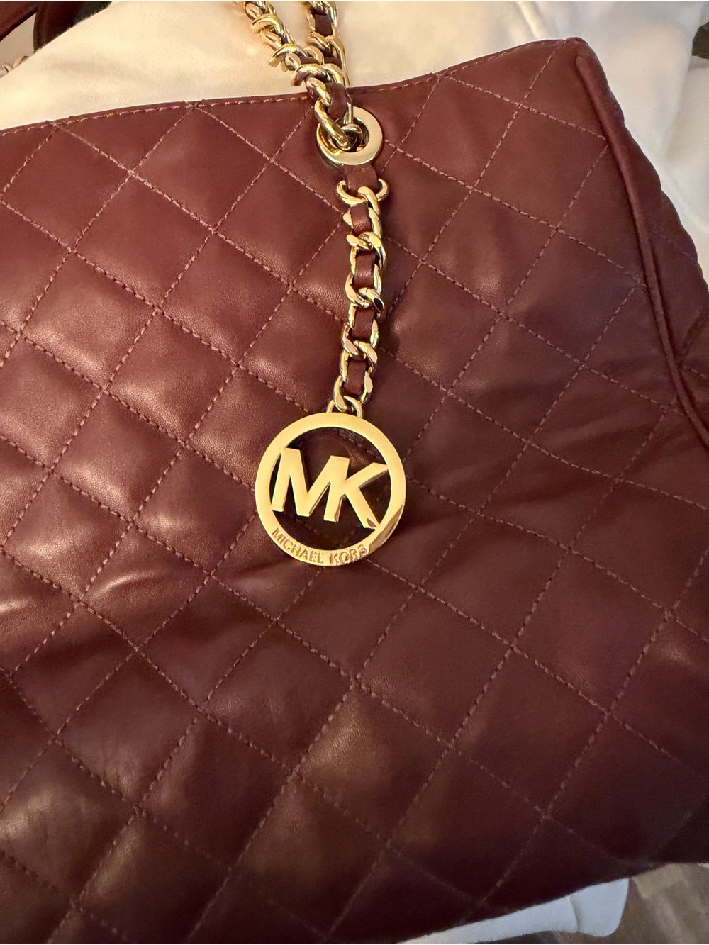 Michael Kors Quilted Shoulder Tote in Burgundy with Gold Accents